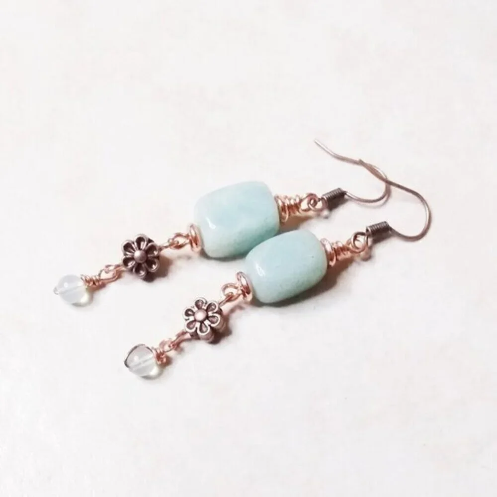 Lightweight Green Aventurine & Copper Blossoms Dangle Earrings! Prosperity +Luck